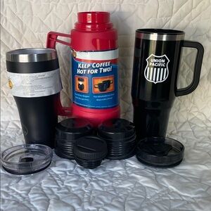 Bass Pro Shop, Union Pacific Black Travel Mugs & Red Thermos